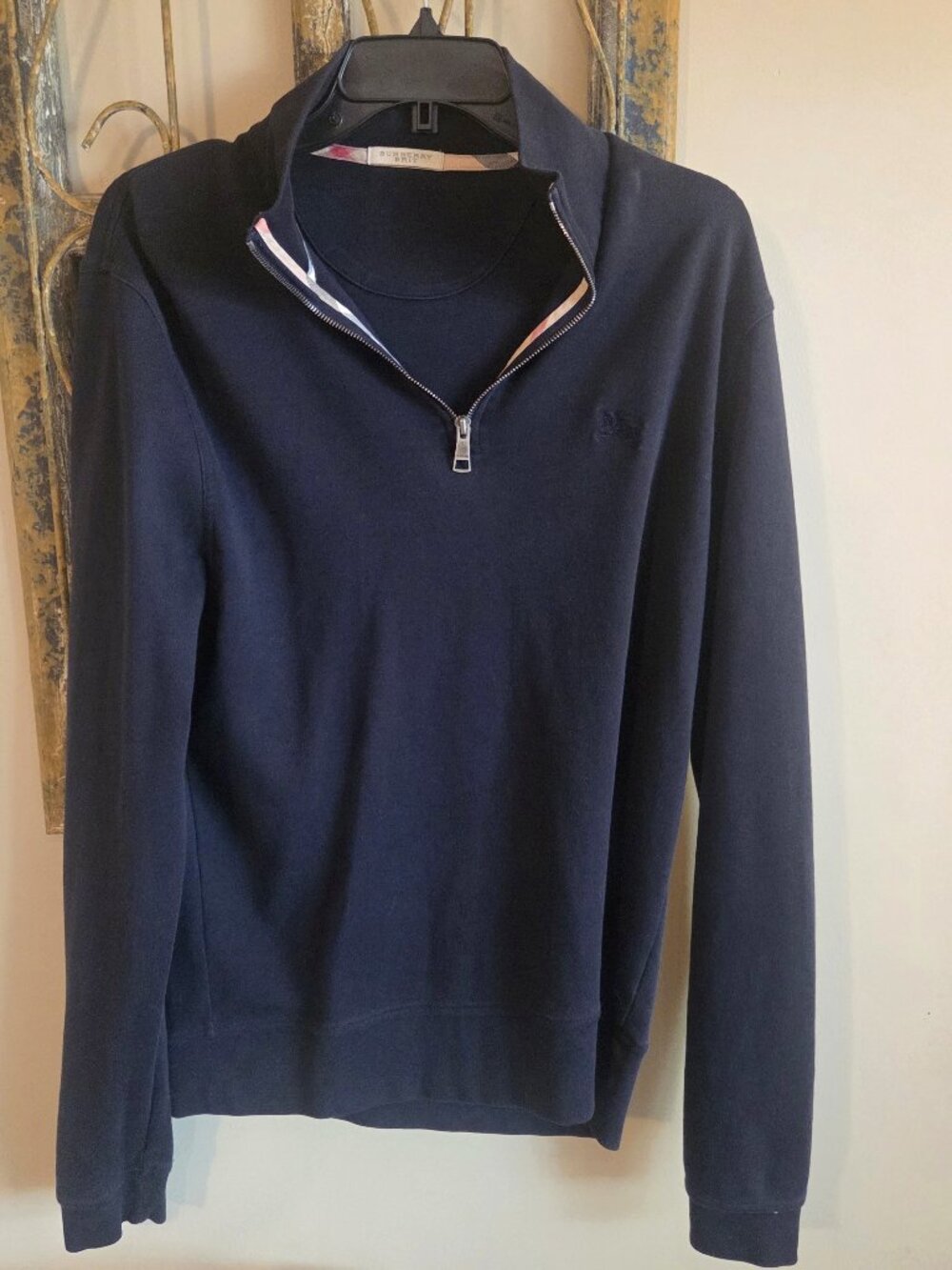 Burberry Brit Men's Navy Quarter Zip Pullover Knight Logo No Size Tag Fits L